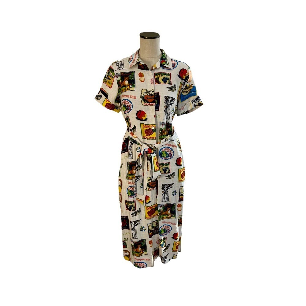 Jane + Delancey Button Up Shirt Dress Novelty Print Fruit Cottage Country XS